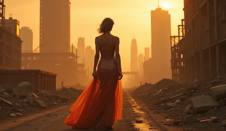 A beautifull big breast glamorous woman in a tattered, sparkling evening gown strides through a desolate urban wasteland. The ruins of 1950s skyscrapers loom in the distance, their steel frames silhouetted against a smoky orange sky.