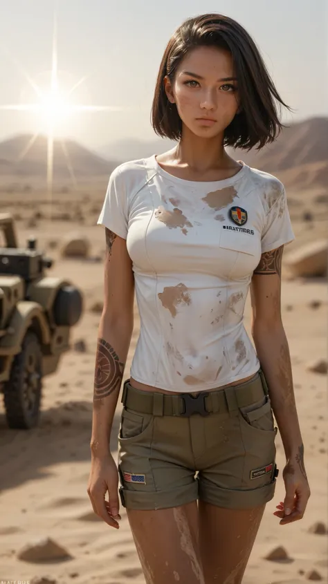 (1girl, anime style, UHD, best quality, depth of field, dramatic lighting, masterpiece:1.5), (adorable face, piercing eyes, serious expression, statuesque sexy body, shoulder length hair, tan skin, dirty muddy skin, detailed skin textures, anatomically cor...