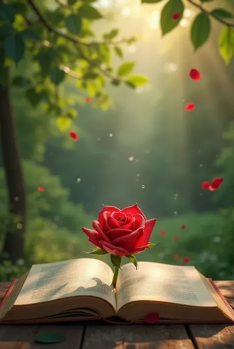 A red rose falls on a book. Dew drops are scattered on the rose. The background is trees and leaves are shaking