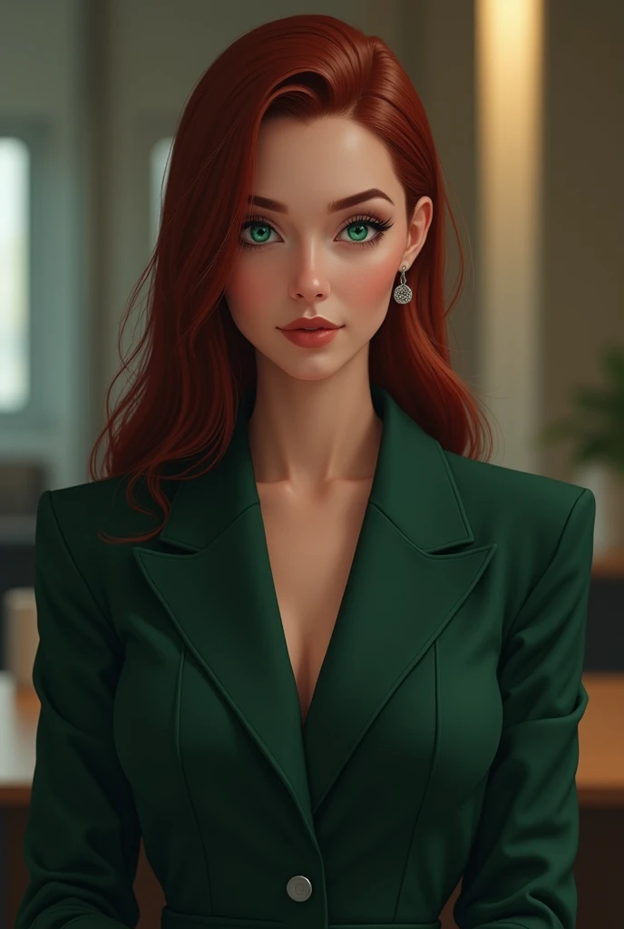 A woman in her forties with a fox face with straight dark red hair in a dark green business suit with slanted bright green eyes in the office