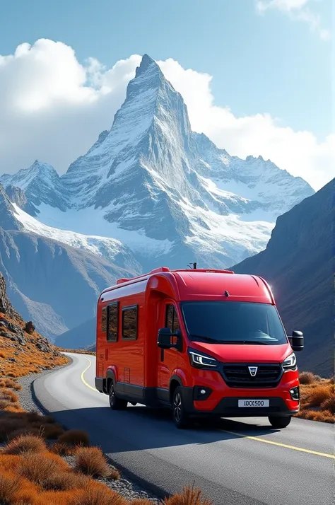 2025 Dacia motorhome in Red colour at the road mountain view 