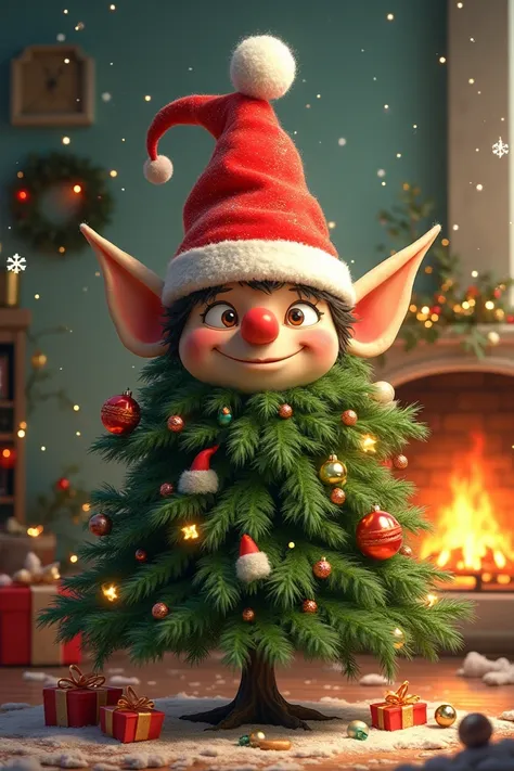 Create the most unique Christmas card design with a picture of a Christmas tree in a sinterclass hat complete with his nose and ear mikut and a smiling aedang