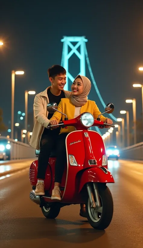 Romantic couple. 1hijab korean girl, black t-shirt white jacket snap back hat, 1korean red yellow hodyy handsome jacket, souvenir dress, riding a red white vespa motorcycle, bouncy, outside, road, suspension bridge, bump vehicle, street light,, under bridg...