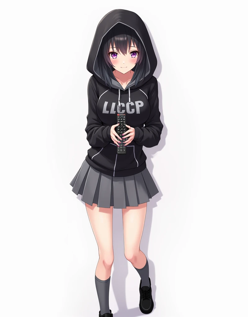 Adult anime woman looking forward and black hair and purple eyes and standing in front and opening her legs and wearing black leather shoes and gray socks up to the knees And wearing black poleron slim fit not with front closure with hood and black pocket ...