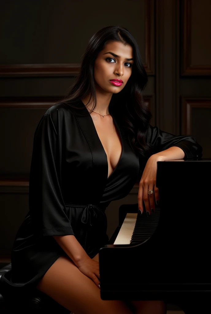 Create an alluring and artistic shoot featuring Sedona in a luxurious piano-themed setting. She sits confidently at a grand piano, her posture elegant yet seductive. Her body is draped in a black silk robe that’s subtly open, revealing a glimpse of her cur...