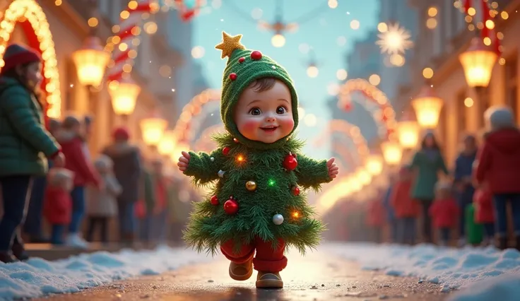 A one-year-old boy dressed as a Christmas tree is walking adorably down a fantasy-like parade street designed for Christmas celebrations. His costume is shaped like a lush green tree, adorned with colorful ornaments, glittering tinsel, and tiny twinkling l...