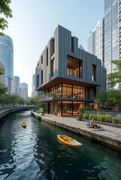 A somewhat unusual kayak rental on a river in a city 
Picture of the building 