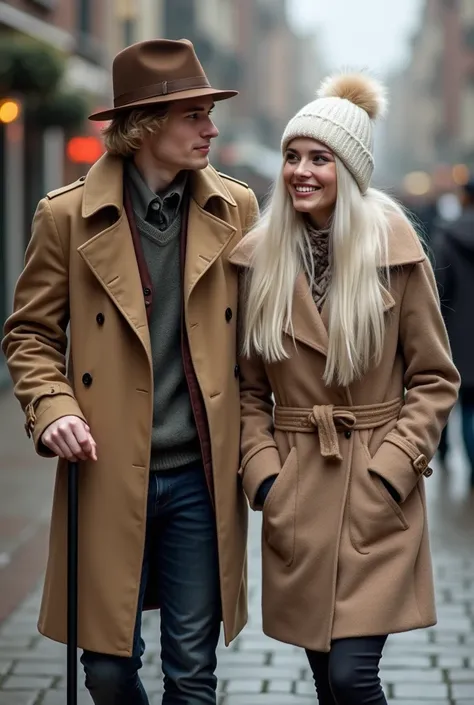 A 20 years old blond male wearing a fedora and trench coat holding a walking cane and a 20 years old long haired white-haired female wearing a wrap-around wool polka dot coat, she is wearing a wool white cozy fur beanie