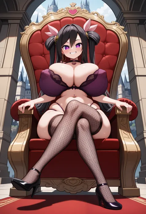 score_9, score_8_up, score_7_up, source_anime, uncensored, gigantic breast, thick thigh, curvy, narrow waist, slim legs, huge ass, skindentation, 

navel piercing, high heels, thighhighs, jewelry, hoop earrings, earrings, covered nipples, purple bra, fishn...