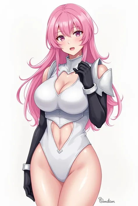  1girl, armor, black gloves, blush, bodysuit, breasts, cleavage, cleavage cutout, clothing cutout, cowboy shot, gloves, hair between eyes, lips, long hair, looking at viewer, medium breasts, parted lips, pink eyes, pink hair, solo, standing, thigh cutout, ...