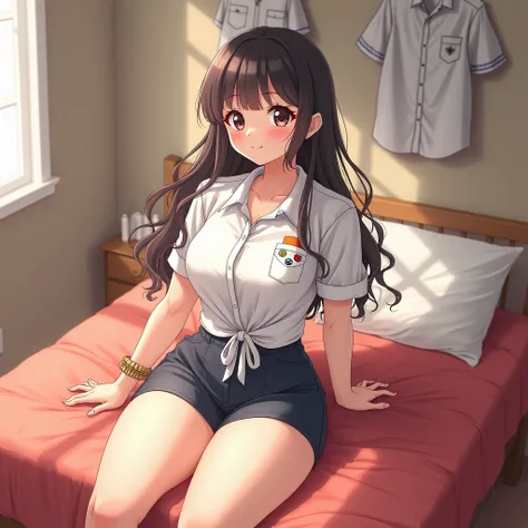 A beautiful cutie big breasts(((voluptuous curves,radiance skin)))lovely(((Japanese schoolgirl))) confidently (((made))) a fashion statement after school, in her bright warm light cozy bedroom, by tying the bottom hem of her bright white uniform shirt. Her...