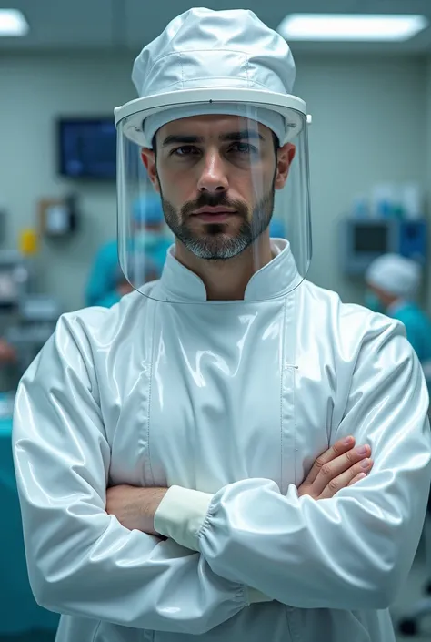 male nurse wear a shiny white latex shiny gown and face shield and a white cap in the operating room