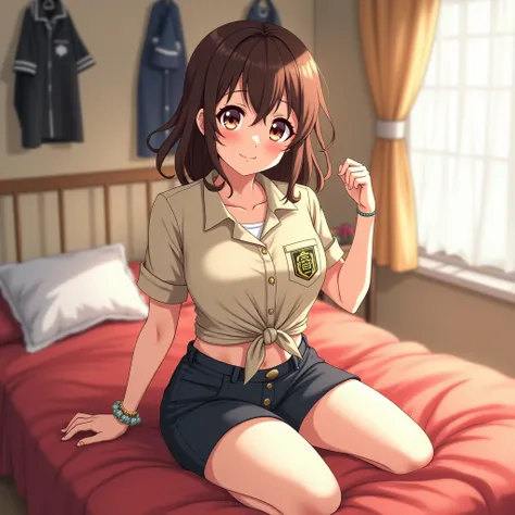 A beautiful cutie big breasts(((voluptuous curves,radiance skin)))lovely(((Japanese schoolgirl))) confidently (((made))) a fashion statement after school, in her bright warm light cozy bedroom, by tying the bottom hem of her bright white uniform shirt. Her...