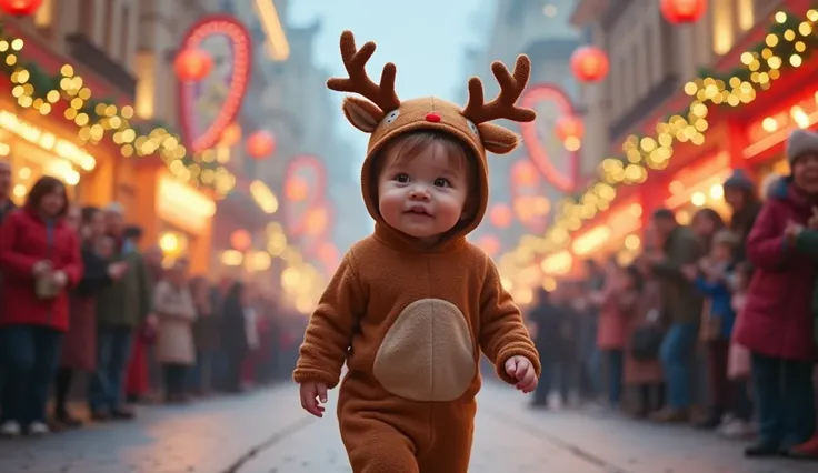 A one-year-old girl dressed as a reindeer, wearing cute reindeer ears, a red nose like Rudolph, and a brown outfit. She has an adorable, sweet smile and is walking on a magical Christmas parade street. The street is beautifully decorated with stunning Chri...