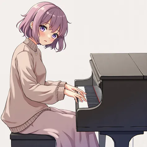  ( top quality), 1 woman ,  sweater 、 Long Skirt、  embarrassed face、  expressive eyes, cute,  Bobbed hair, purple eyes,  playing piano