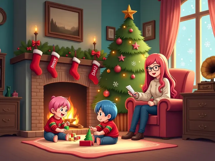  Scenario cozy living room ,  Friendly environment , hot image, Burning fireplace and three Christmas socks hanging   "Mommy"  "Daddy"  "Dalila",  baby pink hair on the carpet sitting playing with block toys wearing Christmas jumpsuit,  second baby blue ha...