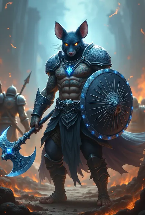 a realistic character,  with a human body and the head of a black mouse ,  your skin is covered with tattoos , He is extremely strong ,  with war armor , And dark armor ,  holding a diamond shield , with a heavenly Axe ,  this Axe shines with diamond detai...