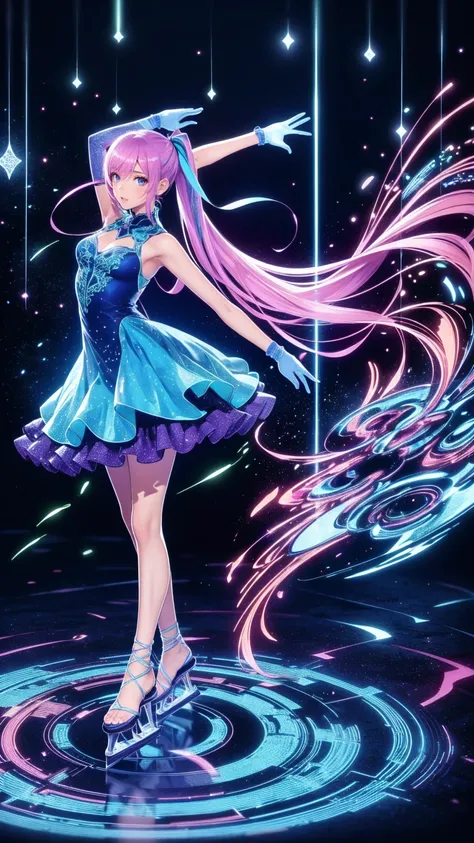  head to toe depiction、 full body view、masterpiece, 最 High Quality , 超 Details,、  ice skating rink  ,Ice Dance/DANCING ON ICE 、 8K Anime Art  ,Very beautiful girl  , one woman,  ponytail, ,( 1 Woman ),Dancing on ice ,("  figure skater"),Beautiful dress,(Ic...