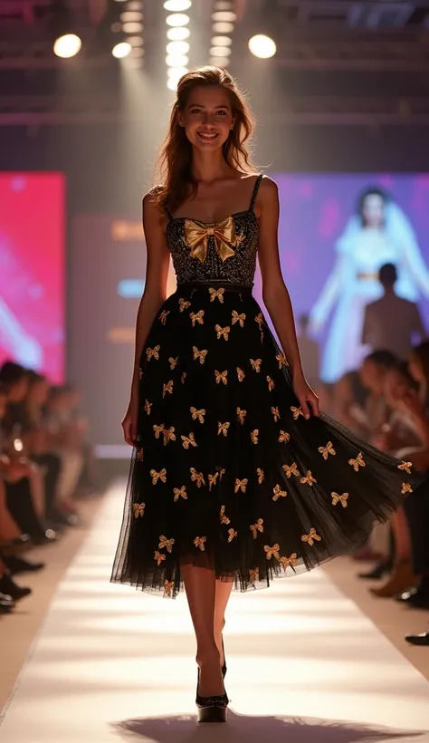 A  girl walking confidently on a runway, wearing a black dress adorned with golden bow patterns. The dress has a large, elegant golden bow at the front. The scene is bright and glamorous, with spotlights shining on her as she walks. The background showcase...