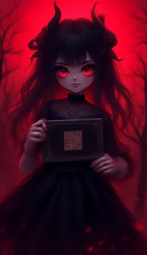 1girl(devil,cute, (chibi:0.5),big eyes, black eyes,horn, hair color dark, beautiful hair,cute hair style,Gothic black dress,beautiful dress,breast, sparkling black scales,big evil smile,cute smile, holding big steel hand held sign (((with QRcode))) says "S...