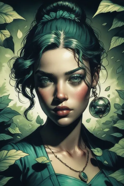  A modern siren appears from a kaleidoscope of colors , , her face is the epitome of elegance and self-control ,  when she grabs a green branch ,  strewn with bright colors and lush foliage .  In this In a dynamic 3D watercolor wonderland, soft petals and ...