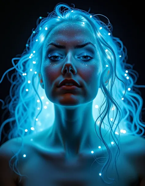 A portrait of a person with FiberOptic hair, their strands flowing and pulsing with light, illuminating their features with an ethereal glow. FiberOptic 