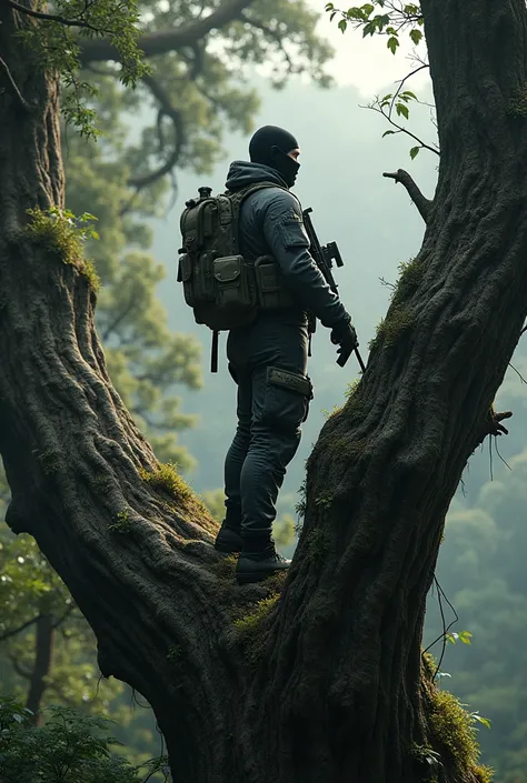 
special forces soldier standing on tree and carrying ak47 gun 