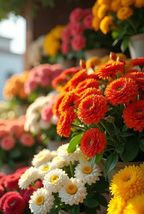 draw fresh flowers for a flower shop. shades of red , yellow, white. , реалистично 3d 8k cinematic 