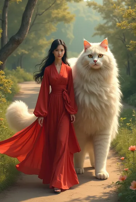 A woman dressed in red gamis walking with a giant angora cat and walking along