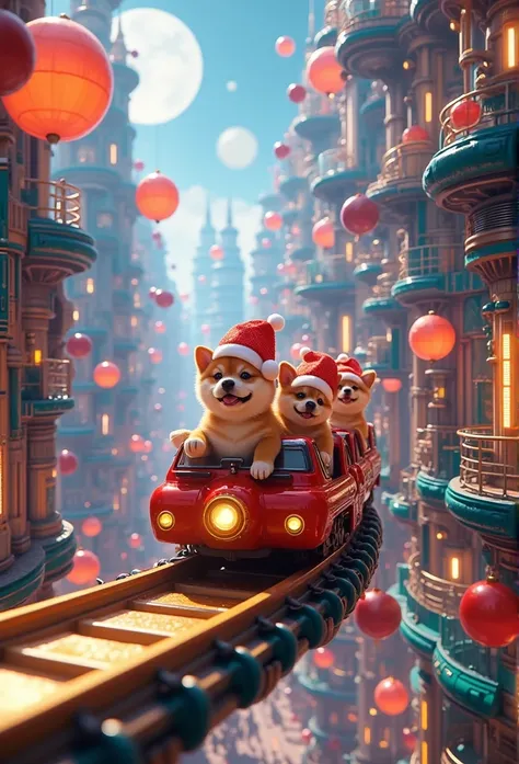  colorful Christmas city in zero gravity、close、Run a miniature train with cute Shiba Inus wearing Santa Claus hats、Im going to have a fun train trip、 motion blur 、Golden spiral rail 、 colorful sphere decoration that changes depending on the angle、 Complex ...