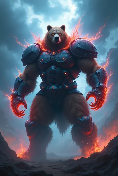 Create 32k ultra-realistic masterpiece image of a terrifying, mutated hybrid creature with Grizzly Bear & Gamora as costume, Clouds Buster Sword as armor, and Thunders as final form. The creature’s powerful, grizzly bear-like body is clad in Cloud’s Buster...