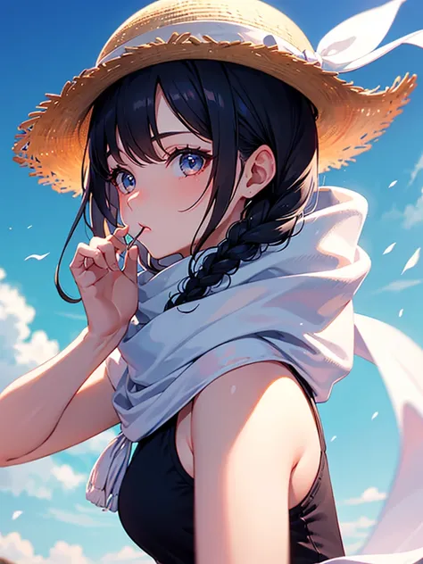 Girl, comfortable hat, soft clothes, shoulder, braids, sunny, sunlight, close-up, looking back, white scarf, (white breath), putting hands to mouth, cold