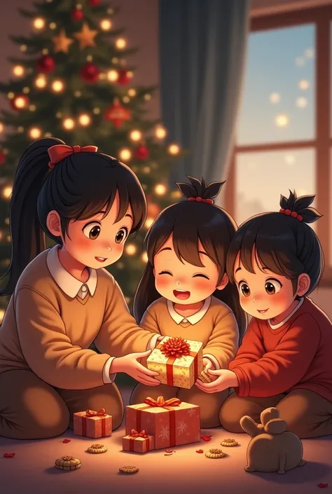  The ren  ouvrent leurs cadeaux.
 After the snack ,  Nanny distributes the small, carefully wrapped gifts.  The ren , Impatient ,  unpack their gifts with radiant smiles ,  the eyes sparkling with happiness .