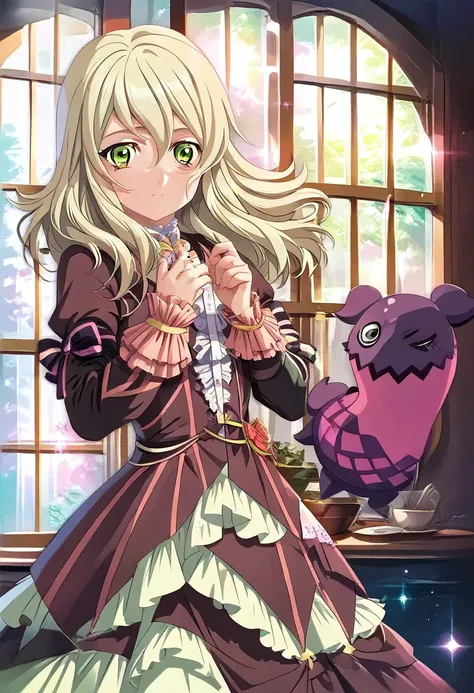 Elize Lutus, TALES OF XILLIA, 1girl, blonde hair, green eyes, frilled dress, natural lighting, detailed background, huge filesize, incredibly absurdres, colorful, score_9, score_8_up, score_7_up, score_6_up, 