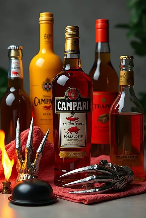  Make a visual composition containing the following items ,  presented in a relaxed and well-defined way :  a red Campari bottle , a black cap,  a bottle of alcohol-free beer , a company van ,  a burning musical note ,  metallic claws inspired by the Wolve...