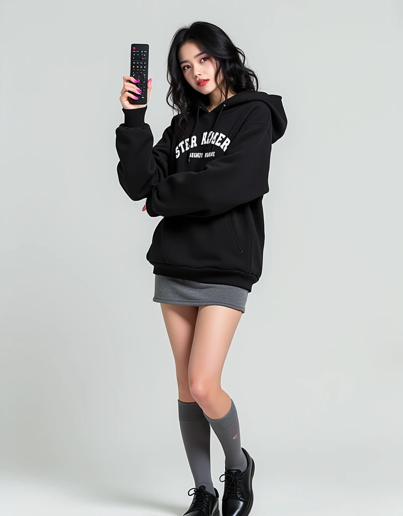 Adult woman looking forward and with black hair and purple eyes and standing in front and opening her legs and wearing black leather shoes and gray socks up to the knees And wearing black poleron slim fit not with front closure with hood and black pocket a...