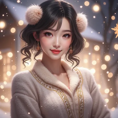 brown fluffy medium hair、 Christmas Outfits、Realistic beautiful asian women