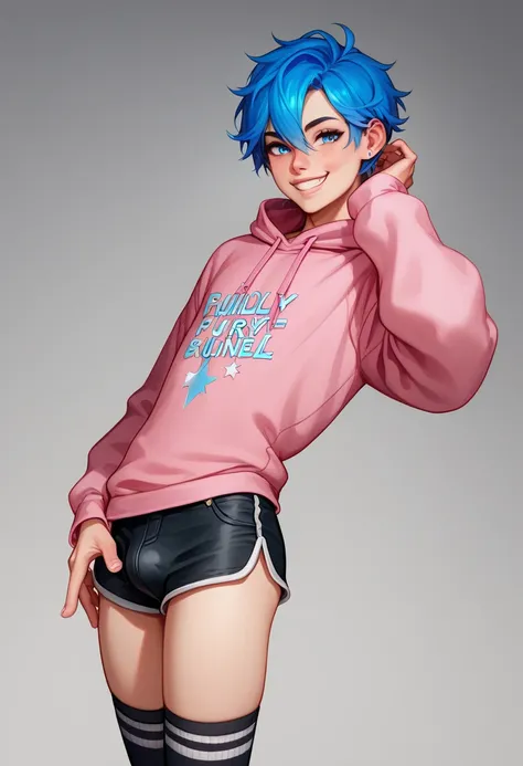 Handsome  17 old boy
Effeminate
Blue eyes
Short messy blue hair with a black gradient, wearing a slightly oversized pink sweatshirt, pantalones Black shorts, long thigh high socks with blue and white stripes, Slim and delicate body, looking at the viewer, ...