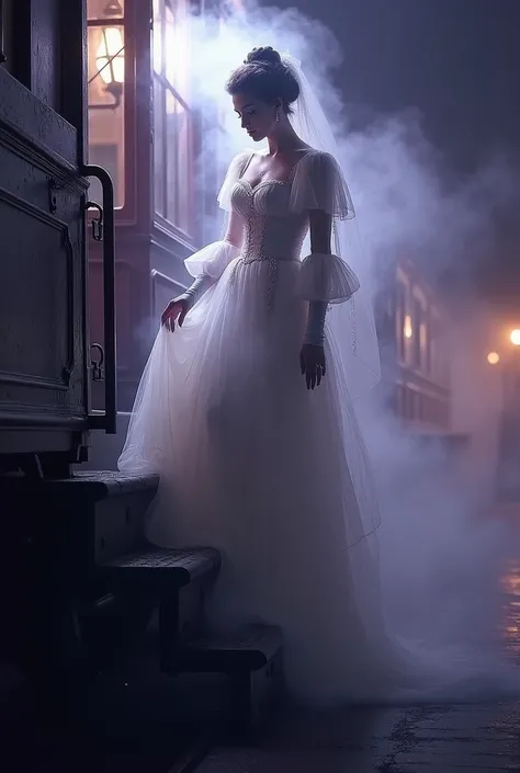 Ethereal Victorian ladys ghost ascending steam train steps, extremely detailed period costume dissolving into vapor, dramatic uplighting from platform lamps, swirling fog and steam interactions, hip level shot, ornate train car exterior details, color sche...