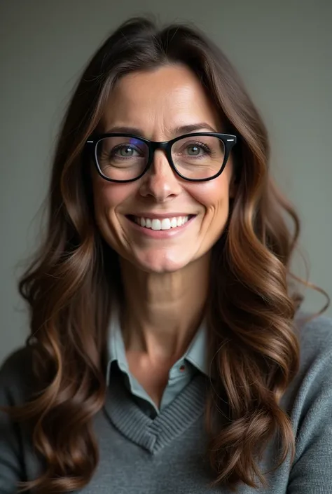 college professor, white woman, long brown hair, big black glasses