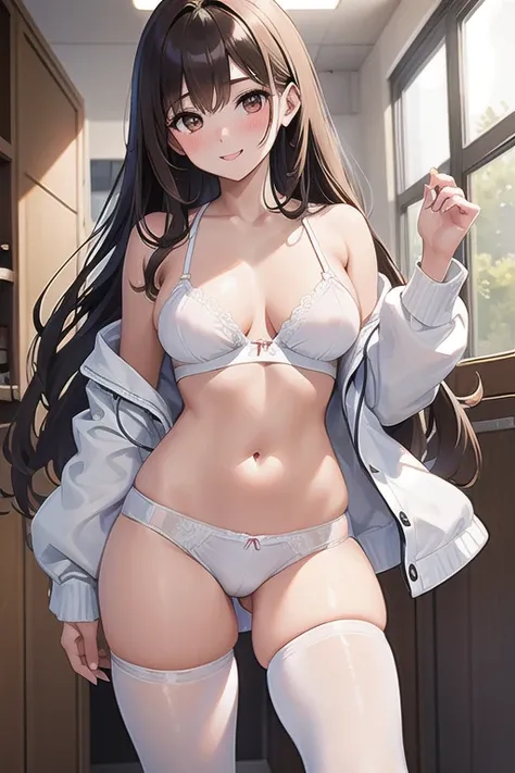 masterpiece、 top quality、masterpiece、 beautiful、24 year old girl、One person、 brown hair 、 half up hair、Big brown eyes、Shining Eyes、smile、blush、 changing clothes in the locker room、 white bra、The white panties can be seen through the black pantyhose、Beautif...