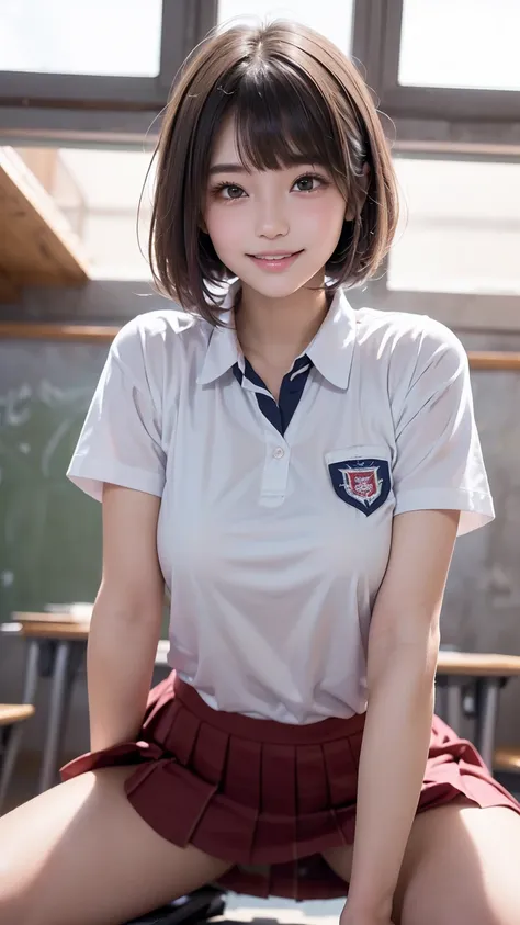 ((( top quality))), ((masterpiece)), ( Details), ((solo)), (((((18-year-old high school girl wearing large-sized school uniform))))), ((Slender body)), (((Legs visible through skirt))), (( white skin)), Mysterious Light, ((((Angle of view that includes fac...