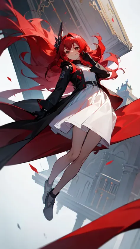 ((masterpiece,best quality)),8k wallpaper,1girl, long hair, red hair, solo, dress, red eyes, looking at viewer, long sleeves, standing, building, white dress, gloves, hair ornament, black jacket, smile, floating hair, dutch angle, closed mouth, looking awa...