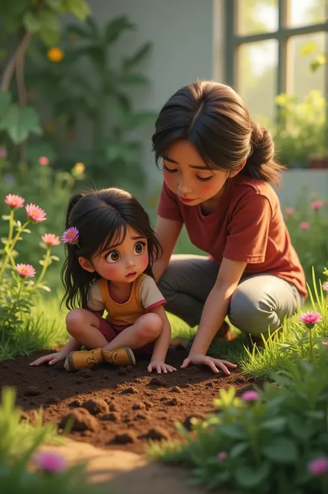 Arda is upset when she sees that there is nothing in the soil in the garden, with her mother telling her to be patient.