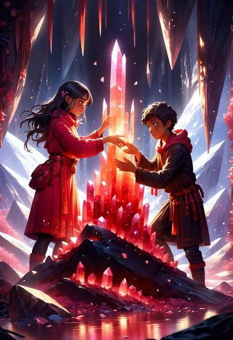 Two people are grabbing a pile of red crystals