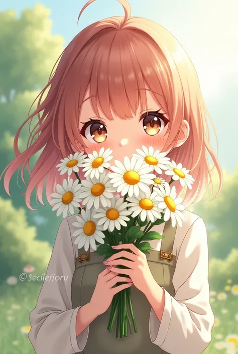 (Breakdomain:1.2), anime lovely girl holding a bunch of daisy flower covering her face