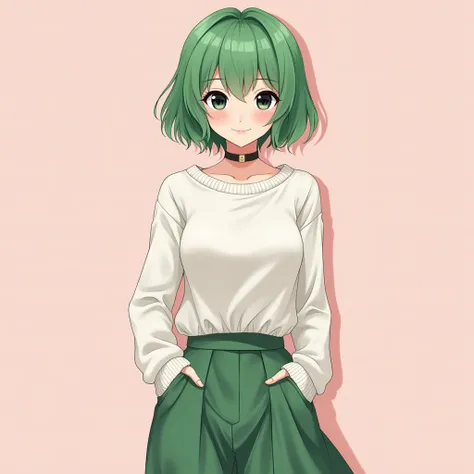 masterpiece, 最 High Quality , High Quality , high definition , 1 girl, alone,girly style wear,Green Hair, smiling , watching viewers , short hair, black eyes, white knit , green skirt , upper body, standing with different breasts , putting hands in pockets...