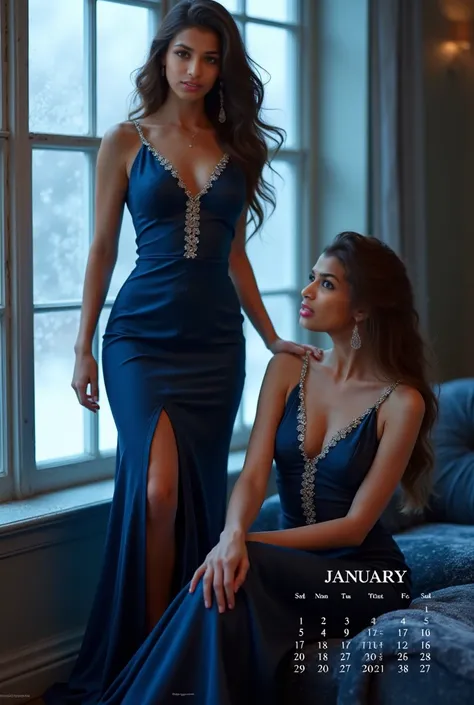 A luxurious, glamorous calendar page for January 2025 featuring Sedona in a navy blue satin gown. The background shows a soft, snow-dusted window with frosty edges, letting in soft, ambient light. Sedona’s gown is form-fitting, with a dramatic high slit on...