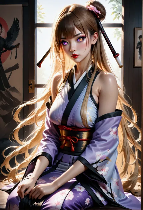  
(masterpiece, aesthetic, detailed eyes, realistic), 1girl, mahiru shiina, angel next door spoils me rotten, Long smooth straight golden hair, gradient eyes from purple to golden, large bust, large hips, slim waist, sitting in samurai clothes, super detai...