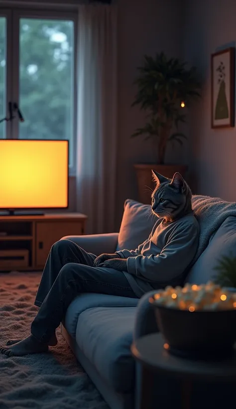 A dimly lit living room with a cozy sofa, a fluffy blanket draped over the armrest, and a large TV glowing in the background. The cat man is seen setting up the space with a bowl of popcorn